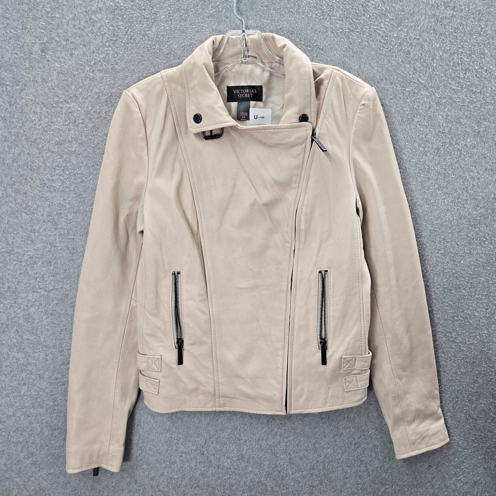 Victoria Secret Women Jacket Small Beige Genuine Leather Moto Cropped READ
